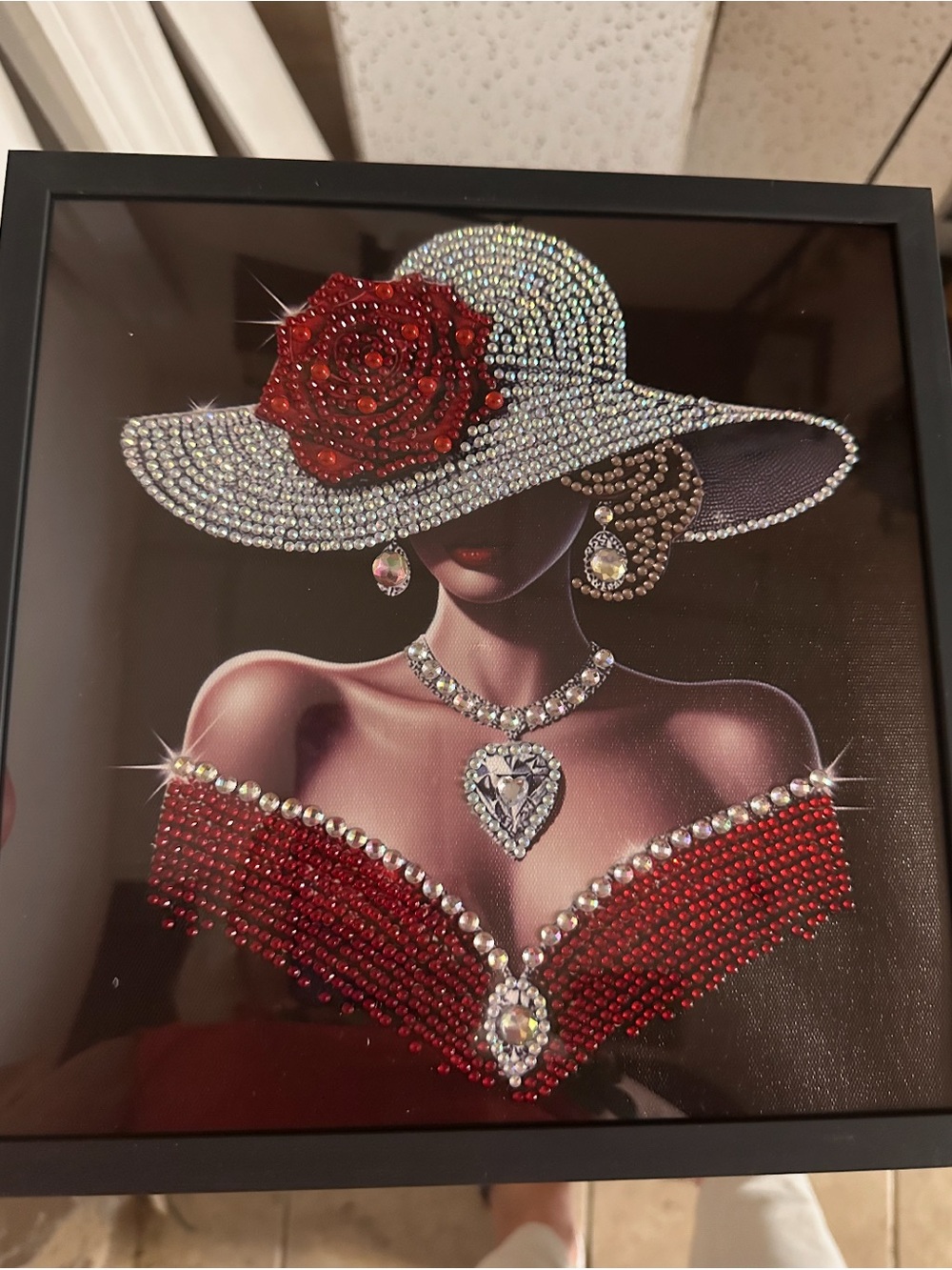 Framed Crystal Art: Elegant Woman in Red & White Hat with frame new